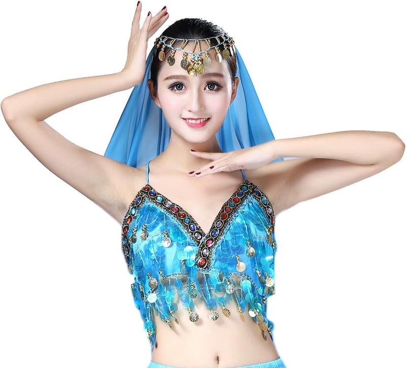 Lauthen.S Women Sequins Bra with Coins Belly Dance Halter Top Bra Halloween Rave Costume - Image 1